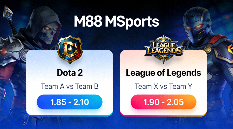Antarmuka taruhan e-sports M88 MSports yang menampilkan pertandingan Dota 2 dan League of Legends dengan odds yang tersedia
