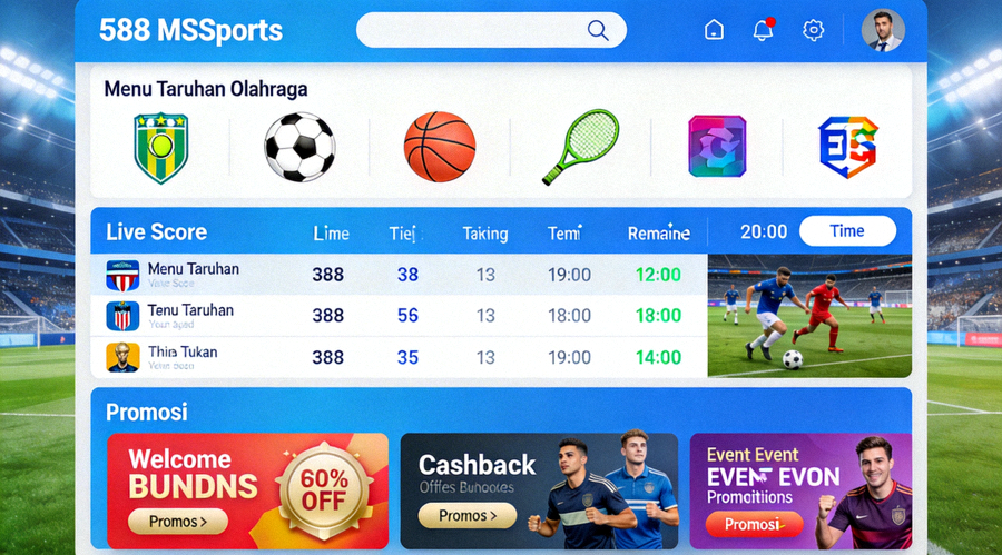 Tampilan dashboard lengkap platform M88 MSports yang menunjukkan berbagai menu taruhan olahraga, live score, dan promosi
