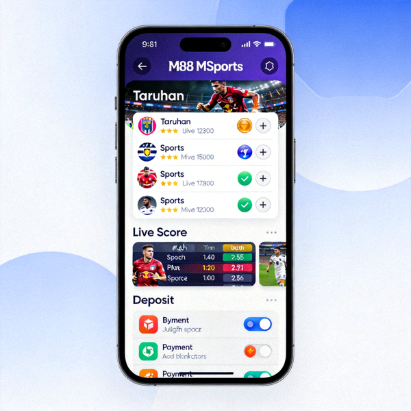 Tampilan screenshot aplikasi mobile M88 MSports yang menunjukkan halaman taruhan, live score, dan menu deposit